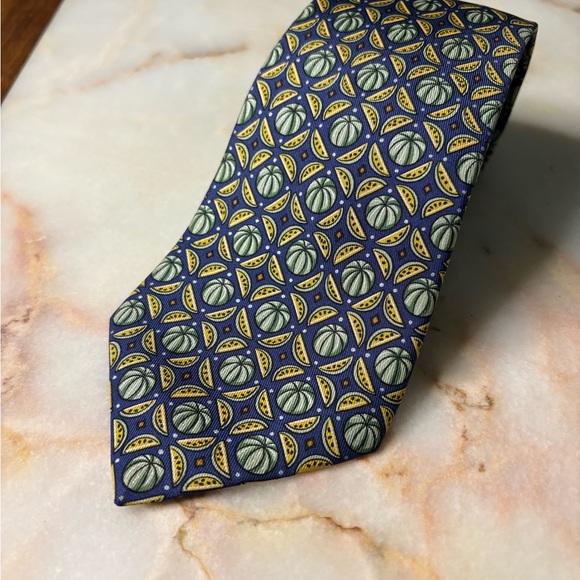 Hermes Blue and Yellow Melon/Fruit Men's 100% Silk Tie - Picture 1 of 3